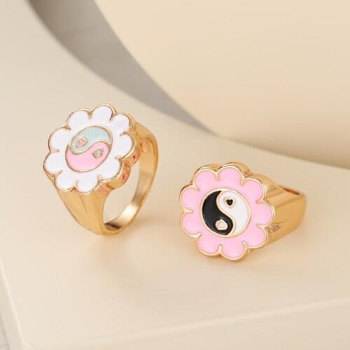 Trendy New Love Heart Yin Yang Alloy Rings For Women Gold Silver Color Enamel Flowers Smiley Face Dripping Oil Jewelry Gift Set