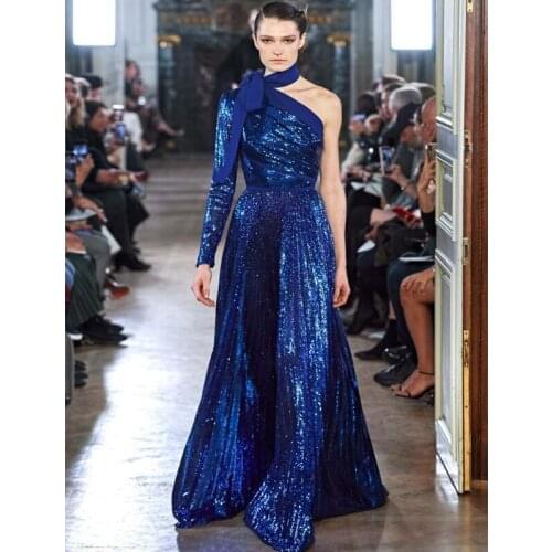 2020 Sparkly Long Sleeves Evening Dresses One Shoulder Sequined Plus Size Prom Gowns Party Dress robes de soirée Abendkleider