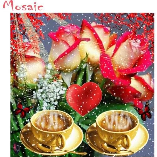 5D DIY Full 2 Coffee Cup & Rose Diamond Embroidered Flower Diamond Painting Mosaic Cross Stitch Rhinestone Wall Sticker