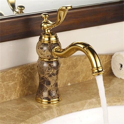 Free Shipping Brass Jade Body Torneira Cozinha with Marble Basin Faucet Single Handle Gold Finish Basin Sink Mixers Water Taps