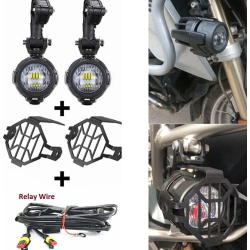 Free Shipping Led Motor Fog Universal Motorcycle LED Auxiliary Fog Light Driving Lamp & Protect Guards Relay Wire For B MW Moto