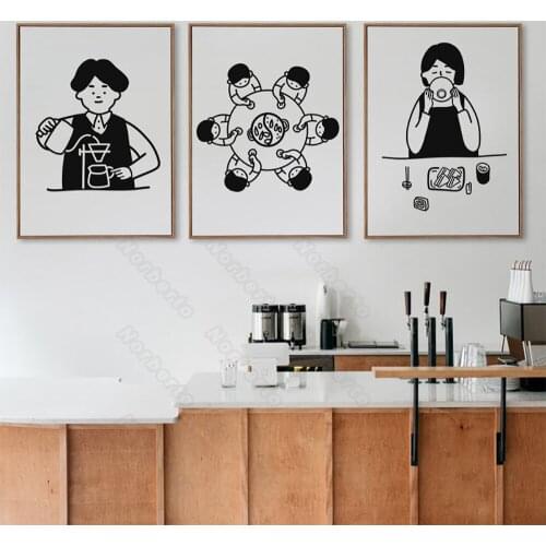 Hand-Painted Pictures Canvas Painting Wall Poster Black and White Stick Figure On Daily Life and Two Cats for Home Rooms Decorat