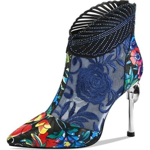 Leather embroidered net yarn high-heeled boots sexy thin heel printing pointed waterproof platform hollow sandals women shoes