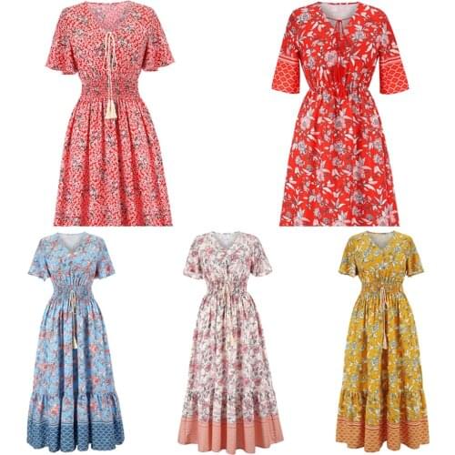 Summer Dresses Plus Size Casual Elastic Waist Boho Women Beach Floral Print Vintage Midi Dress