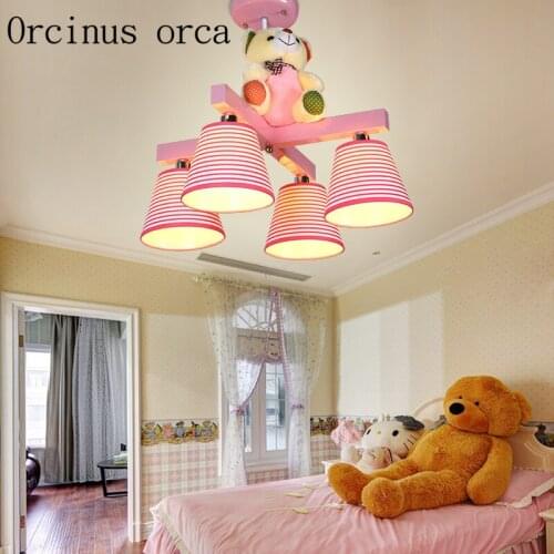 Cartoon teddy bear chandelier boys and girls bedroom pink lamp warm childrens room LED ceiling lamp free shipping