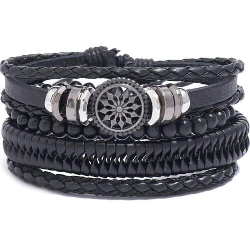 Punk Style Retro Metal Leather Bracelets Sets Men Jewelry Vintage Handmade Charm Bangles Homme Male Black Jewelry Gifts
