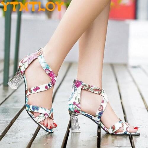 Summer New Womens Sandals 2021 All-match Fashion Printing Crystal Transparent High-heeled Fairy Style Sexy Womens Shoes