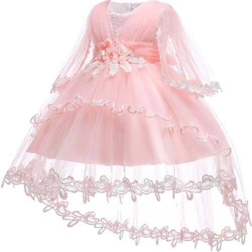 New Fashion Baby Girls Dresses Children Lace Tulle Long Trailing Party Christening Dresses Formal Kids Baptism Ball Gown