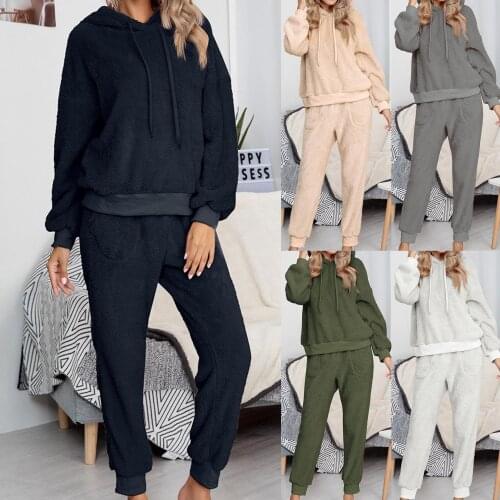 2020 Autumn Winter Fleece Hoodies Two Piece Set Womens Tracksuits Jogger Pants Thick Warm Clothes Womens Solid Color Jacket Suit