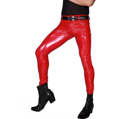 Sexy Men Long Tight Pants Club Stage Bar Performance Highlighting PVC Playing Underpants Skinny Trousers Pencil Pants Zipper