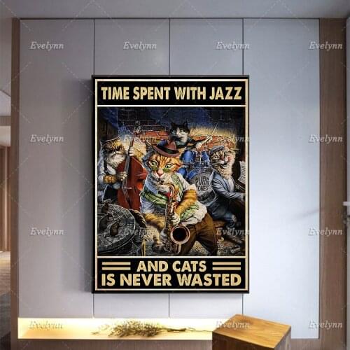 Jazz Retro Poster, Time Spent With Jazz And Cats Is Never Wasted Wall Canvas, Cat Lover Home Decor, Funny Cat Print, Gift