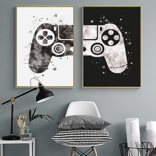 Self-adhesive Wall Sticker Black White Watercolor Gamepad Boys Game Poster and Print Wall Art for Living Room Home Decoration