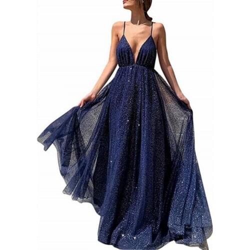 Sexy V-neck Shiny Sequined Long Dress Women Spaghetti Strap Plus Size Dresses Elegant Backless Party Vestidos De Fiesta