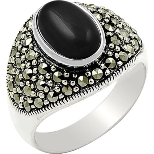 Silver 925 Sterling Onyx & Marcasite Ring