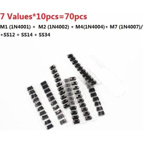 SMD diode Kit package 7 kinds*10pcs=70pcs/lot M1 (1N4001) + M2 (1N4002) + M4(1N4004)+ M7 (1N4007)/+SS12 + SS14 + SS34 Set SMA