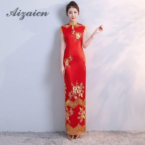 Chinese Traditional Dress Red Bride Embroidery Cheongsam Long Qipao Vestido Oriental Dresses Vintage Wedding Qi Pao Women Sexy