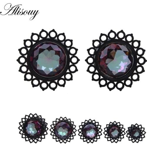 Alisouy New Arrival 1Pair Zircon Stainless Steel Black Flower Design Saddle Ear Plug Tunnel Jewelry Body Piercing 8-16mm Choose