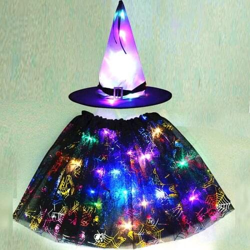 Party Kids Girl LED Glow Light Witch Hat Spider Web Cobweb Skirt Halloween Christmas Costume Cosplay Cat Animal Ears Fancy Dress