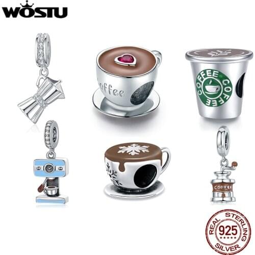 WOSTU Silver Coffee Cup Charm Zircon 925 Sterling Silver Cafe Bead Fit Original Bracelet & Bangle DIY Pendant Jewelry For Women