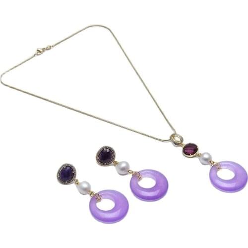 GuaiGuai Jewelry Natural White Keshi Pearl Lavender Jade Circle Pendant Chain Necklace Earrings Sets Handmade For Women