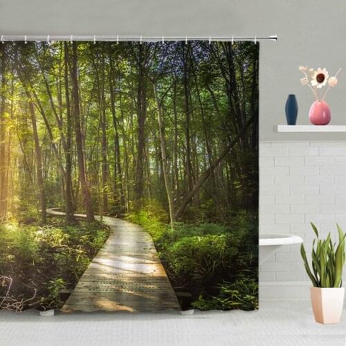 Bathroom Accessories Trees Forest Path Rivers Chairs Background Pattern Shower Curtain Waterproof Polyester Fabric With Hooks