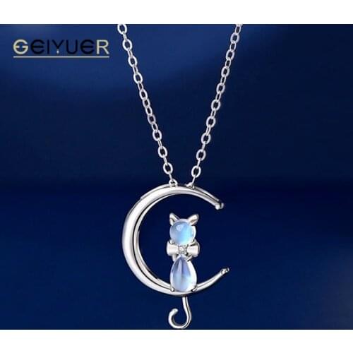 925 Sterling Silver Cute Cat Moonstone Pendent Necklaces for Women Girl Clavicle Chain Jewelry Accessories 2021 New FreeShipping
