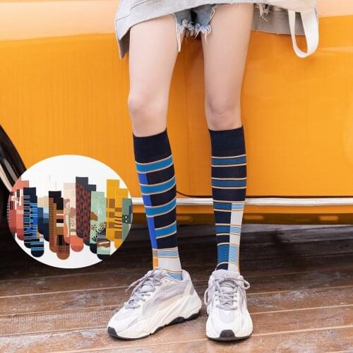 DOIAESKV Cotton Womens Socks Fashion Autumn Winter Long Knee AB Asymmetric Socks Happy Socks Novelty Streetwear Socks