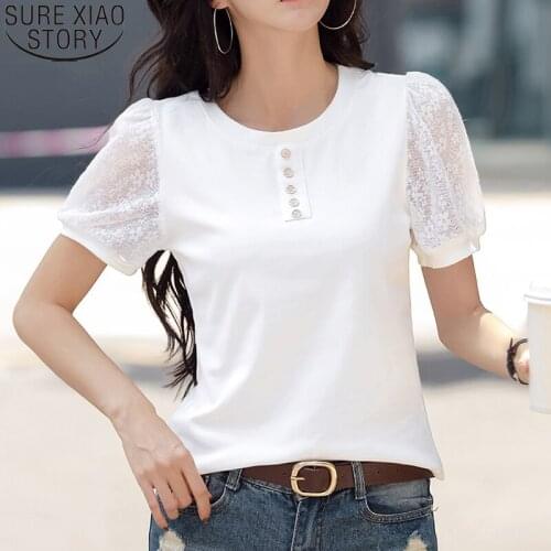 Women Lace T-shirts Korean Fashion Clothes Puff Sleeve Tops Women Summer Tees 2021 New Short Sleeve Cotton Tshirt Blusas 15703