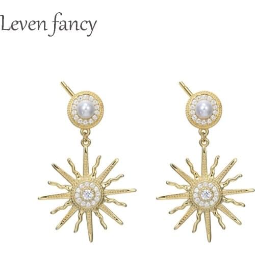 925 Sterling Silver Golden Sun Flower Earrings Luxury Shell Pearl Bead CZ Cubic Zirconia Dangle Drop Earrings for Women