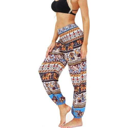 Womens Harem Pants Smocked High Bohemian Waist Pockets Indian Yoga Pants Loose Boho Hippie Pants