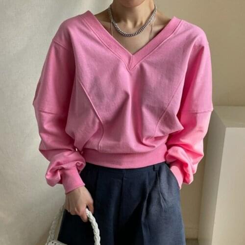 Women Sweatshirts 2021 Fashion Early Autumn Simple Versatile V-neck Backless Design Loose Casual Solid Bat Sleeve Top