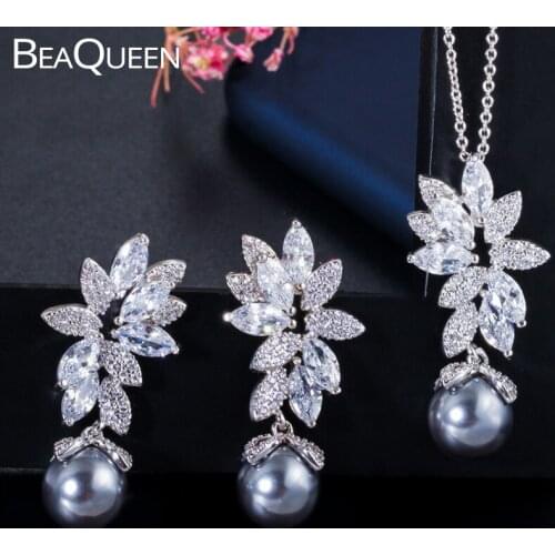 BeaQueen Delicate Cubic Zirconia Micro Paved Leaf Flower Grey Pearl Earrings Pendant Necklace Jewelry Sets for Women JS198