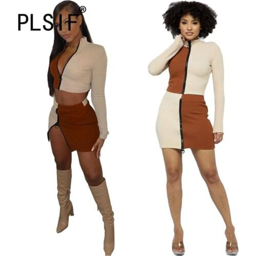 Women Patchwork Mini Skirt Set Long Sleeve 2 Pieces Tops And Skirt Suit Female Sheath Tracksuits