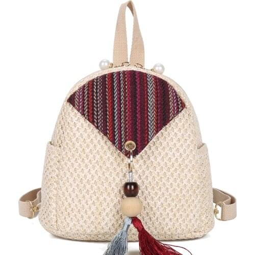 Women Backpack Small Straw Shoulder Bag Fashion Designer Mini Pearl Zip Retro Tassel Beach Summer Girl Mochilas Mujer Handbags