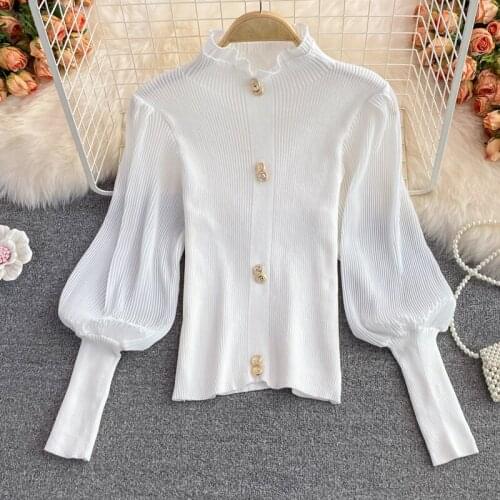 Ladies Mock Neck Vintage Black White Pullover Knitwear Autumn Womens Chiffon Lantern Long Sleeve Patchwork Knitted Sweaters Tops