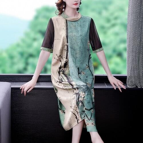 Vintage Floral Mulberry Silk Satin Midi Dress 2021 Summer Casual Print 4XL Plus Size Dress Elegant Women Bodycon Party Vestidos