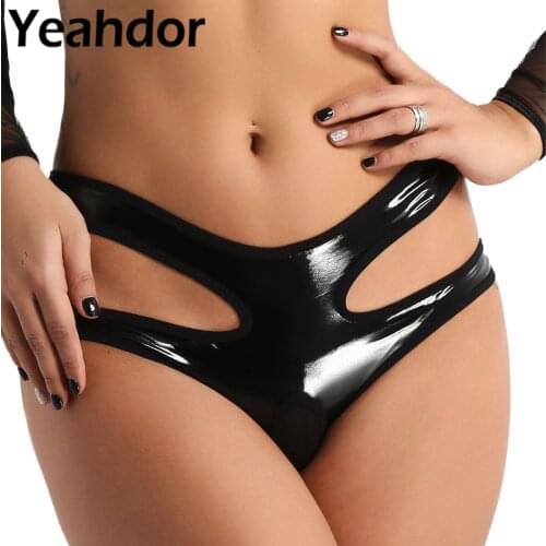 Womens Black Lingerie Underwear Wet Look Faux Leather Crotchless Hollow Out Low Rise Mini Briefs Shorts Clubwear Sexy Costume