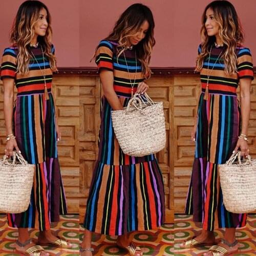 HGTE 2019 casual Womens Floral Long Maxi Dress Regular Sleeve Evening Party Summer Rainbow Striped Beach Dresses