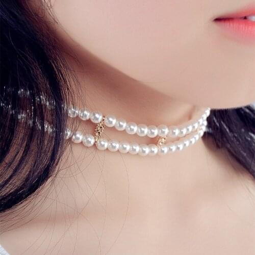 Womens Exquisite Double Layer Crystal Pearl Choker Necklaces Crystal Imitation Pearl Alloy Unique Design White