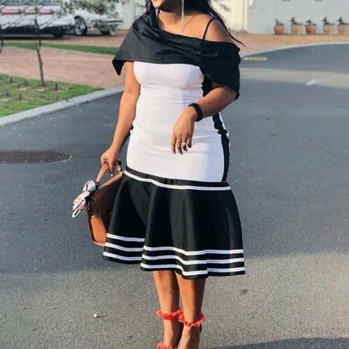 African Patchwork Dress Women Off Shoulder Dress White Black Patchwork Ruffles Elegant Ladies Package Hip Female Plus Size 2021