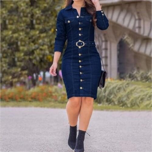 Women Vintage Long Sleeve Button Up Knee Length Pencil Denim Dress Active Wear Vintage Bodycon Midi Jeans Dresses Belt Vestidos