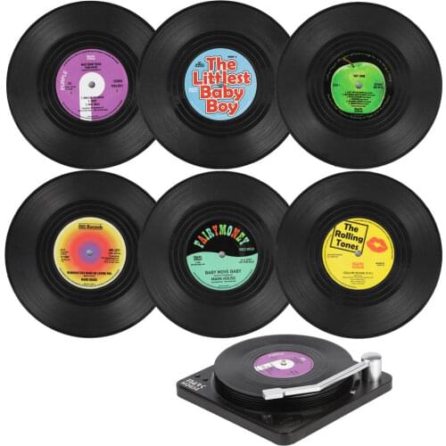 6 Pcs Retro Disk Coasters Vinyl CD Fun Drink Coasters With Player Holder Desktop Protection Kitchen Heat Resistant Anti-slip Mat