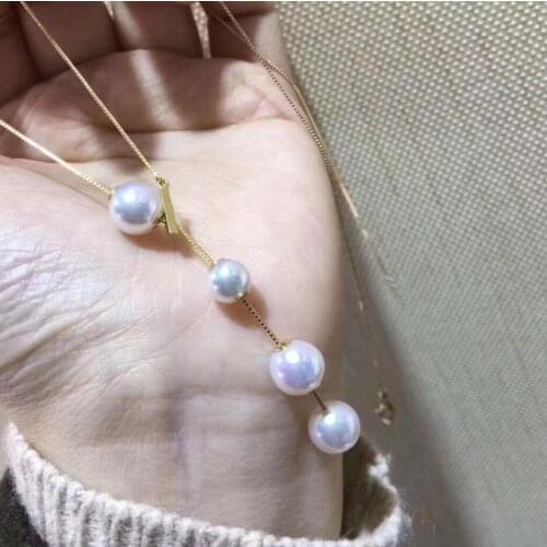 Noble jewelry natural 6-7mm 8-9mm Akoya white pearl necklace pendant 18K Gold adjustable