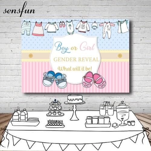 Sensfun Gender Reveal Party Backdrop Baby Clothes Shoes Pink Blue Boy Or Girl Baby Shower Photography Backgrounds