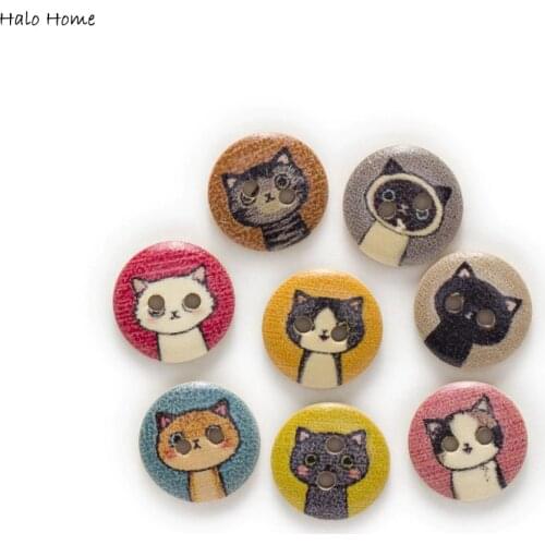 50pcs 15mm Round 2 Hole Mixed Cat Wood Buttons Home Clothing Decor Sewing Scrapbooking