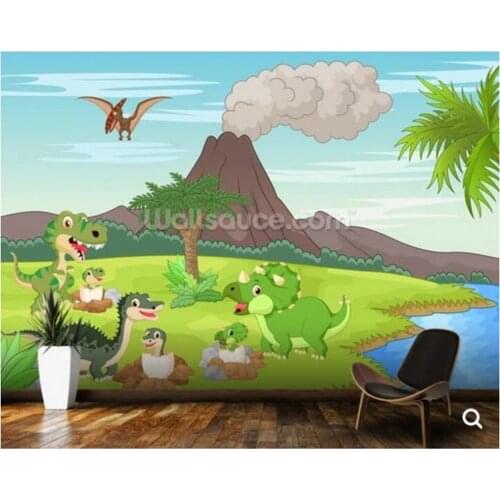 Custom baby wallpaper,Baby Dinosaurs & Volcano,cute cartoon mural for bedroom living room background wall, decorative wallpaper