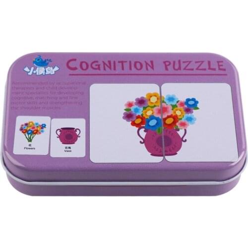 Baby Kids Cognition Puzzles Toys Toddler Iron Box Cards Matching Game Cognitive Cards Vehicl Fruit Animal Life Sets Pair Puzzles