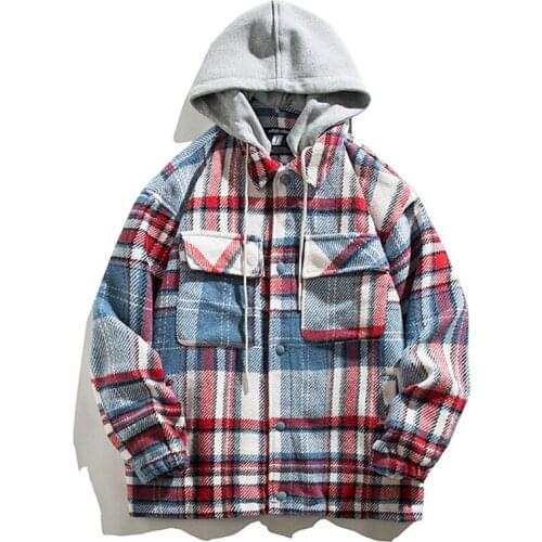 ERENEJIAN Mens Fashion Plaid Jacket With Removable Hood Japanese Style Coat Outerwear For Male