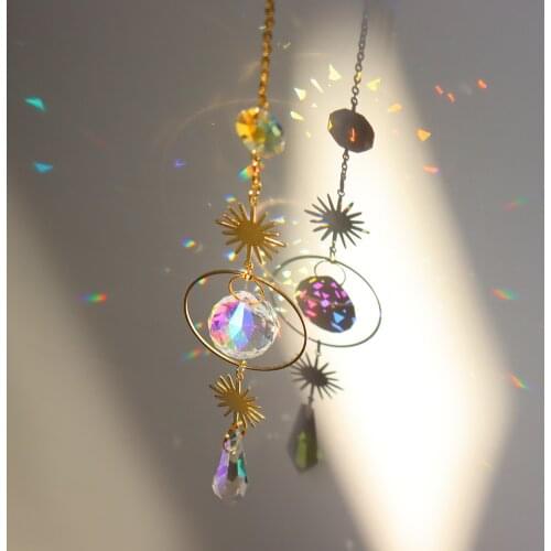 Crystal Wind Chime Star Moon Pendant Sun Catcher Plated Colorful Beads Hanging Drop Garden Window Curtains Chandelier DIY Decor