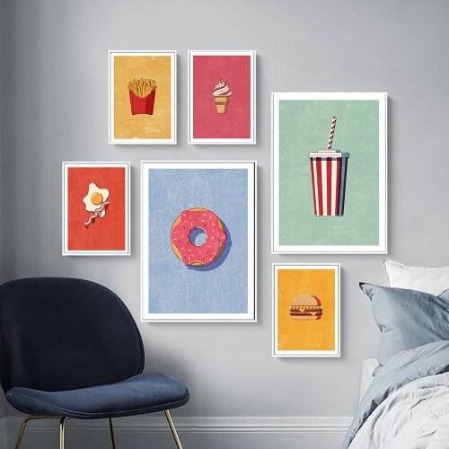 Fast Food Egg Bacon Fries Hot Dog Art Print Canvas Pictures Burger Donut Softdrink Poster Restaurant Kitchen Wall Painting Decor